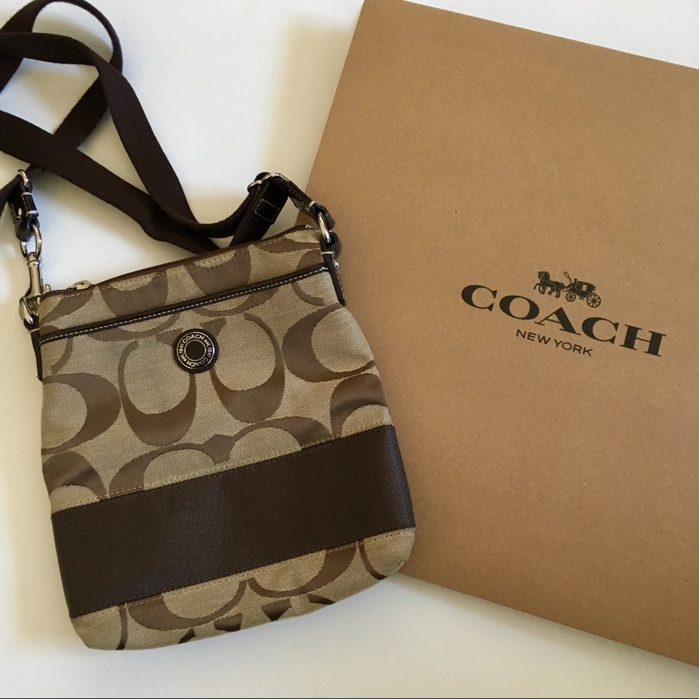 Coach Signature Stripe Swingpack Crossbody Brown - Picture 1 of 7